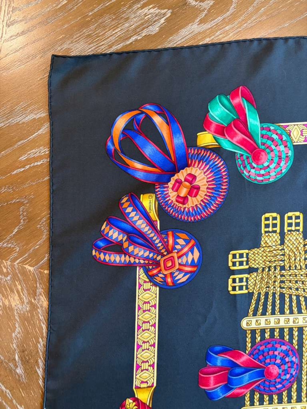 Hermes Les Rubans du Cheval Carre 90 Silk Scarf Black Multicolor Made in France - Picture 3 of 10